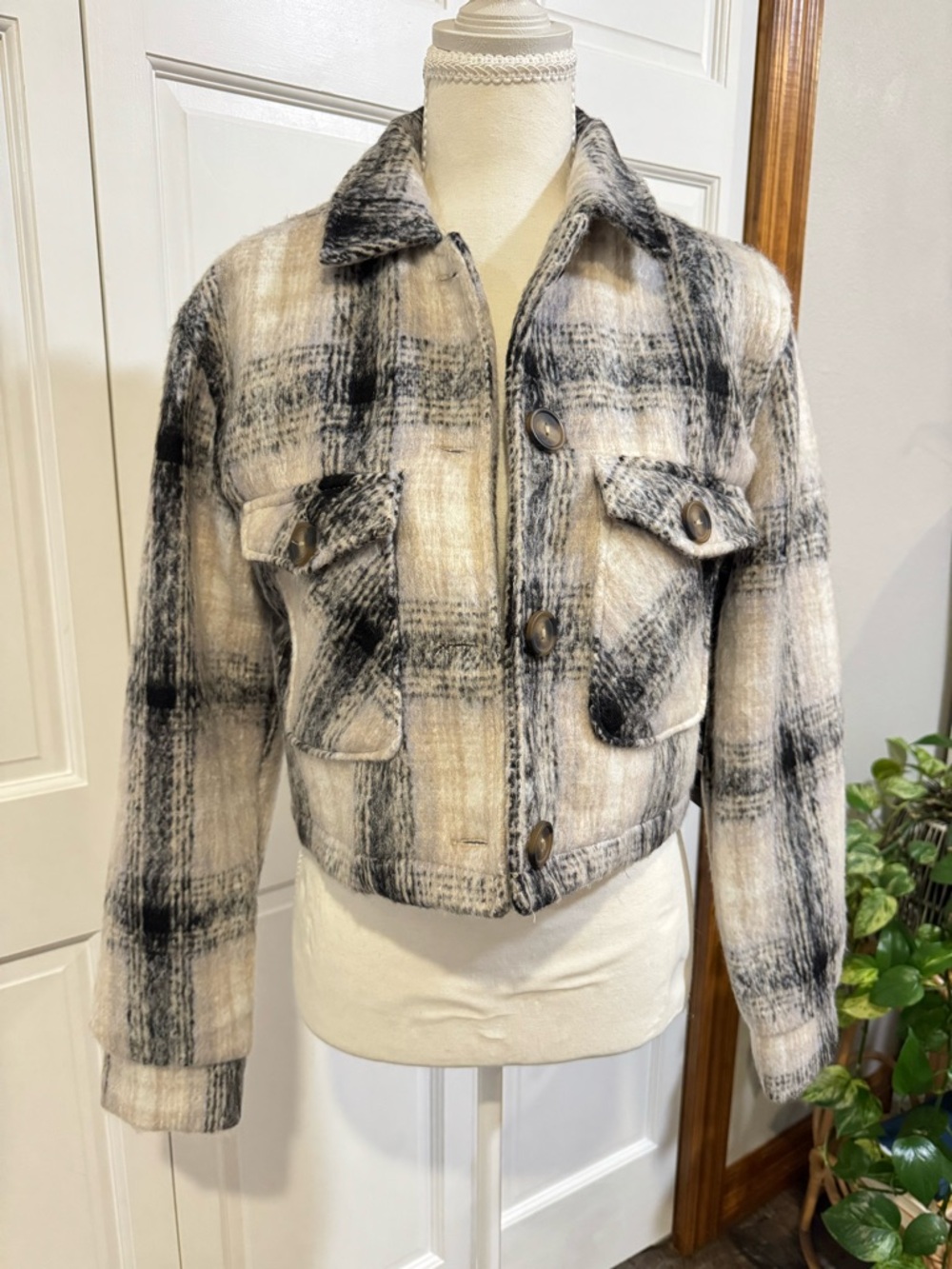 Ambiance Cream and Black Plaid Cropped Shacket